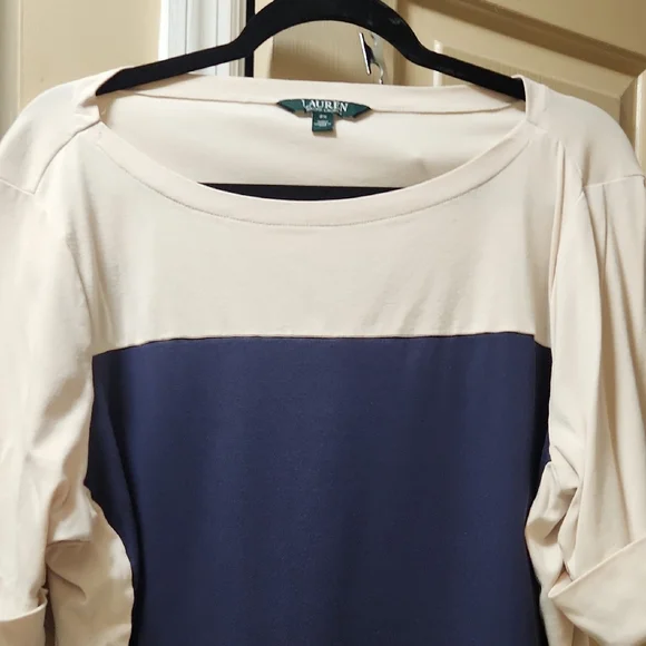 Ralph Lauren Light Cream and Navy Blue color 3/4 Sleeve Boxy Blouse - Picture 3 of 5